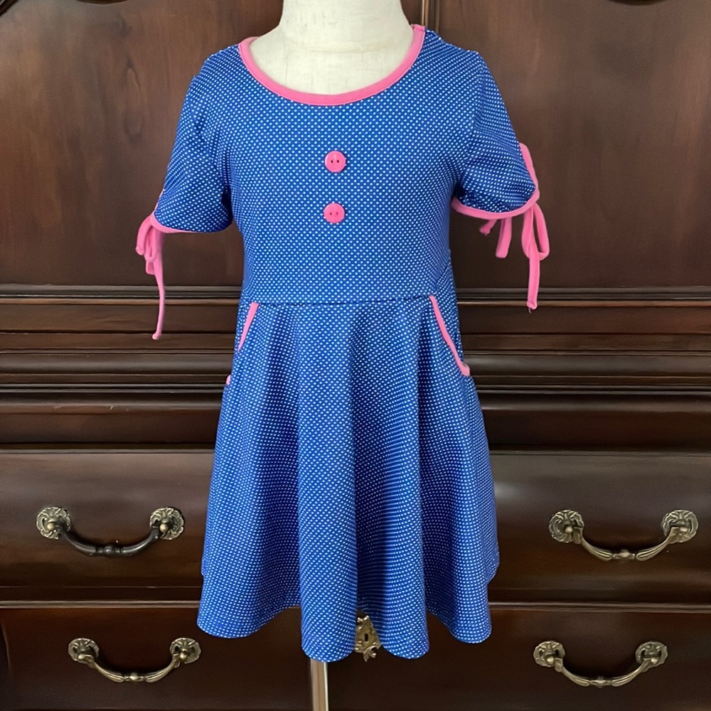 Dash of Glitter Girls Blue Polka Dot Dress 2T Pink Trim Casual Twirl Dress